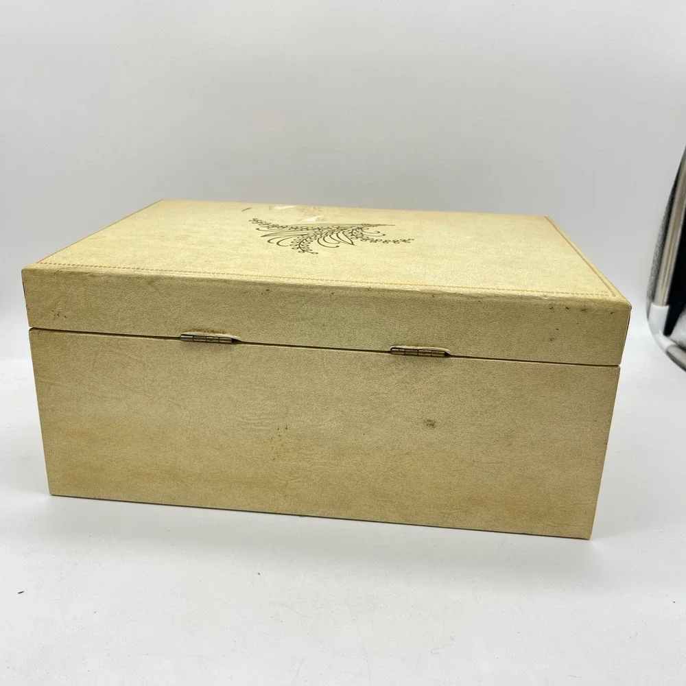 Vintage Cream Faux Leather Jewelry Box Red Velvet Lining Gold Floral Latch